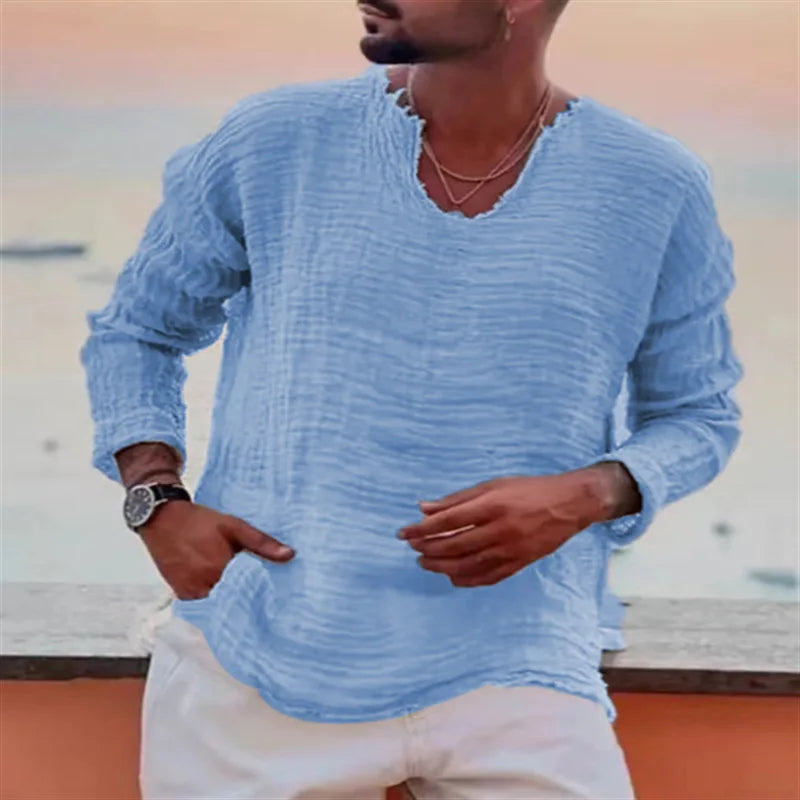 Men's Waffle Knit Top Frayed Edges Long Sleeve Casual Vintage Shirt