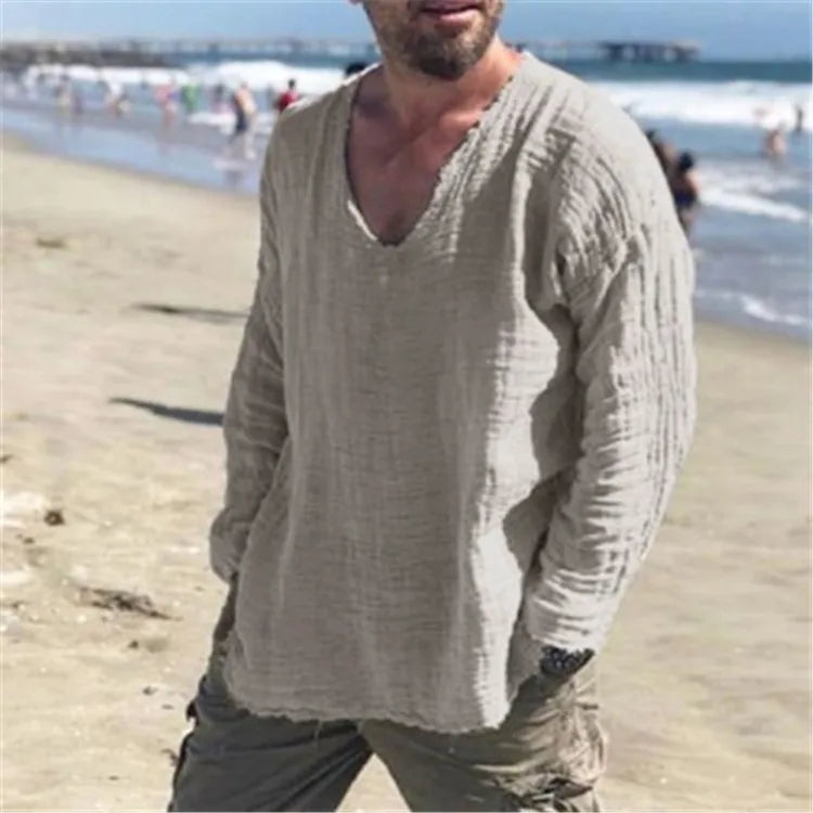 Men's Waffle Knit Top Frayed Edges Long Sleeve Casual Vintage Shirt