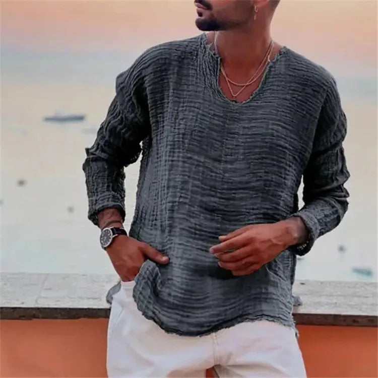 Men's Waffle Knit Top Frayed Edges Long Sleeve Casual Vintage Shirt
