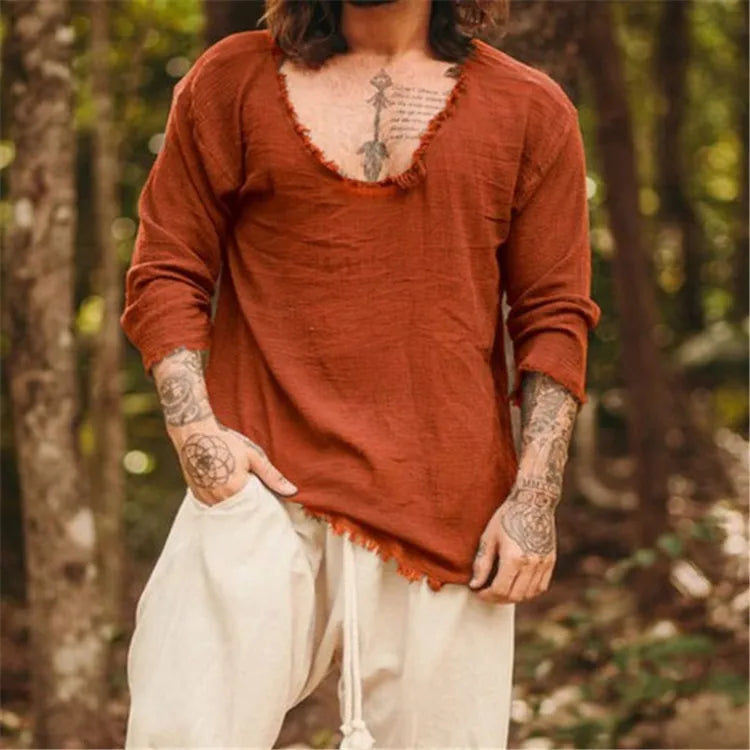 Men's Waffle Knit Top Frayed Edges Long Sleeve Casual Vintage Shirt