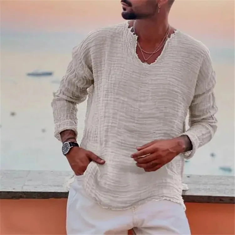 Men's Waffle Knit Top Frayed Edges Long Sleeve Casual Vintage Shirt