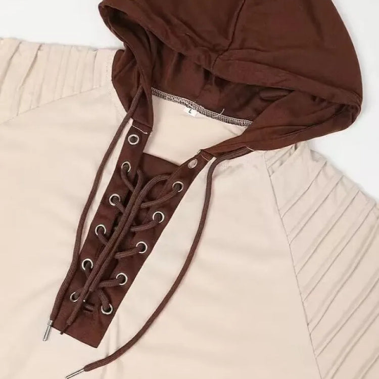 Men's Lace Up Pleated Shoulders Hoodie Top