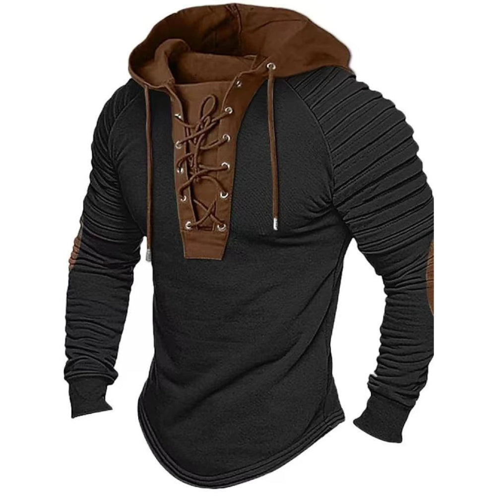 Men's Lace Up Pleated Shoulders Hoodie Top