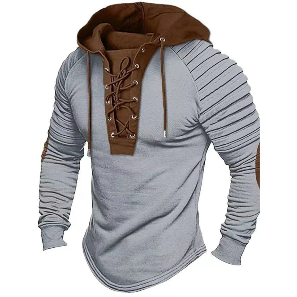 Men's Lace Up Pleated Shoulders Hoodie Top