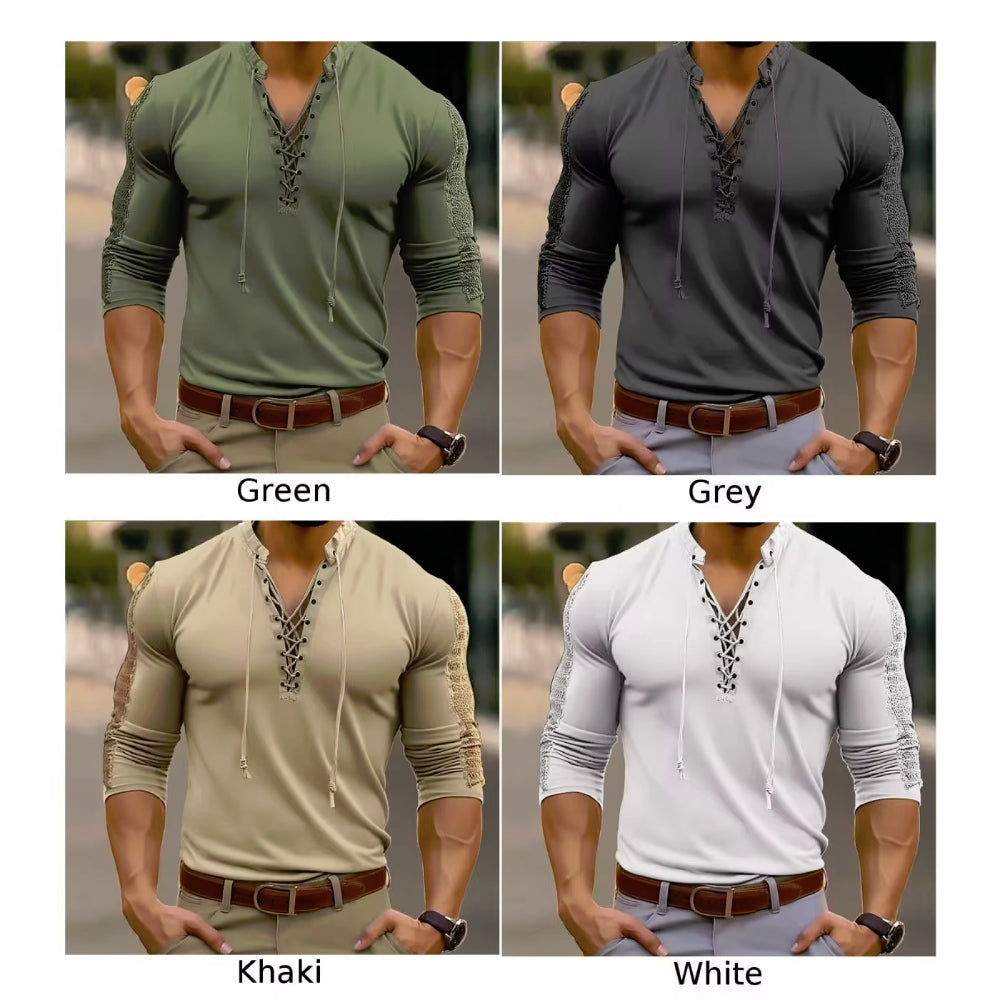 Men's Trendy Lace-Up Solid Colour Long-Sleeve V-Neck T-shirt Henley Collar Bridgerton Casual Shirt