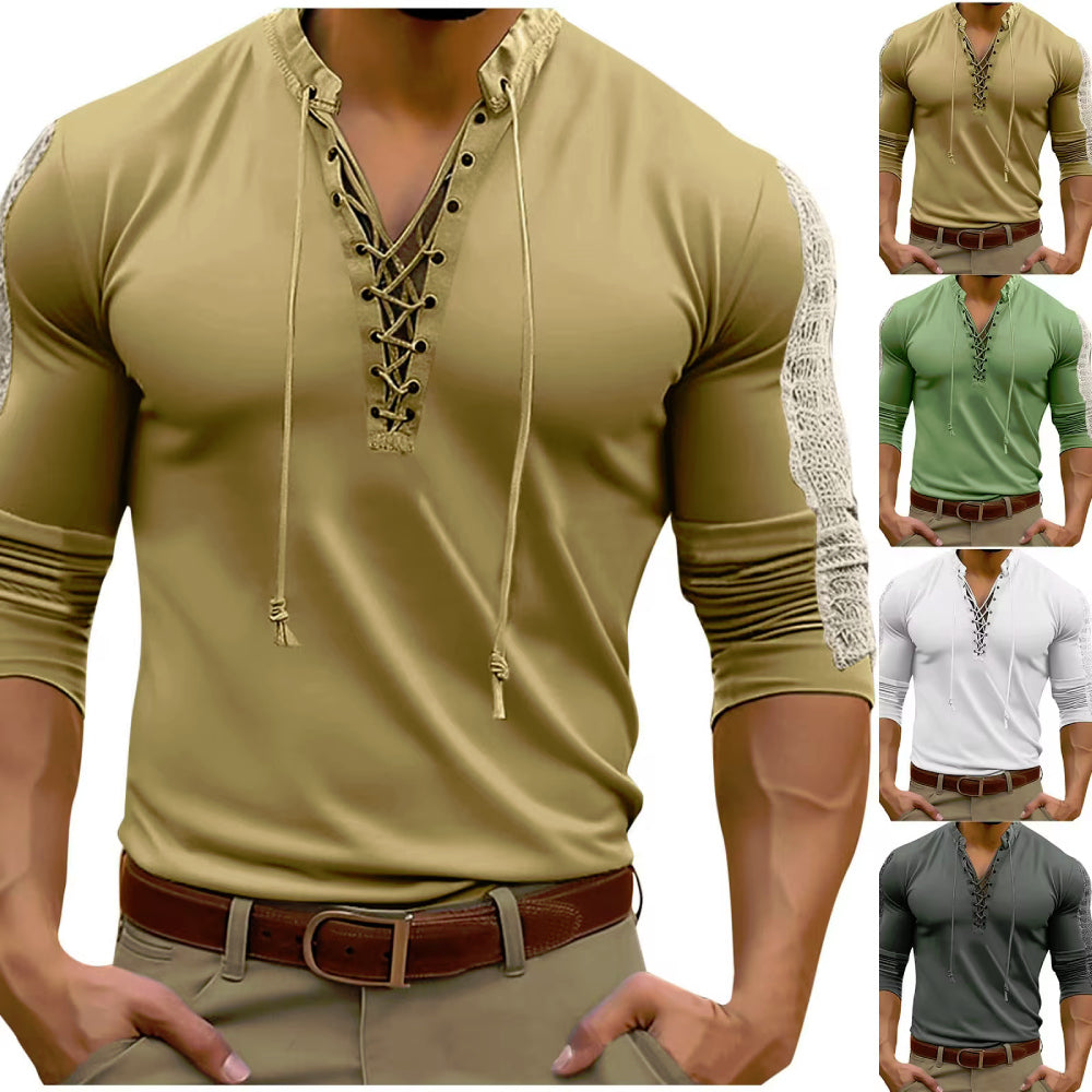 Men's Trendy Lace-Up Solid Colour Long-Sleeve V-Neck T-shirt Henley Collar Bridgerton Casual Shirt