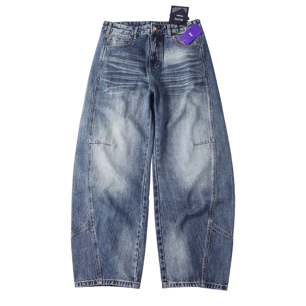 Men's Vintage Loose Baggy Barrel Leg Jeans With Seam Detailing