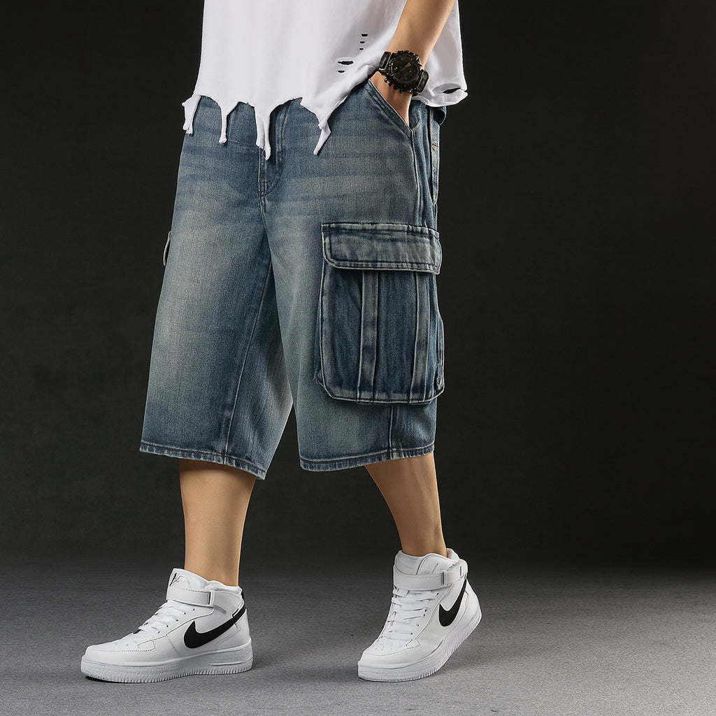 Men's Baggy Long Cargo Denim Shorts Wide Leg Big Man Plus Sizes