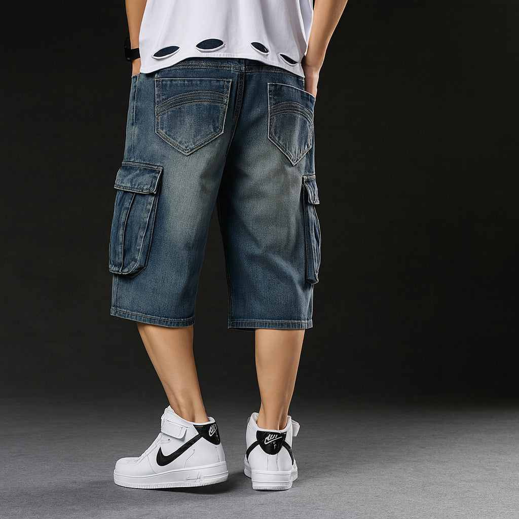 Men's Baggy Long Cargo Denim Shorts Wide Leg Big Man Plus Sizes