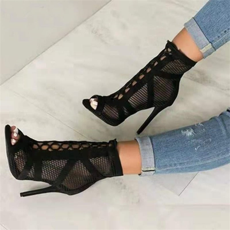 Mesh High Heels Lace Up Pumps Black Net Fabric Cross Strap Shoes-Keep Melbourne Marvellous Official Store
