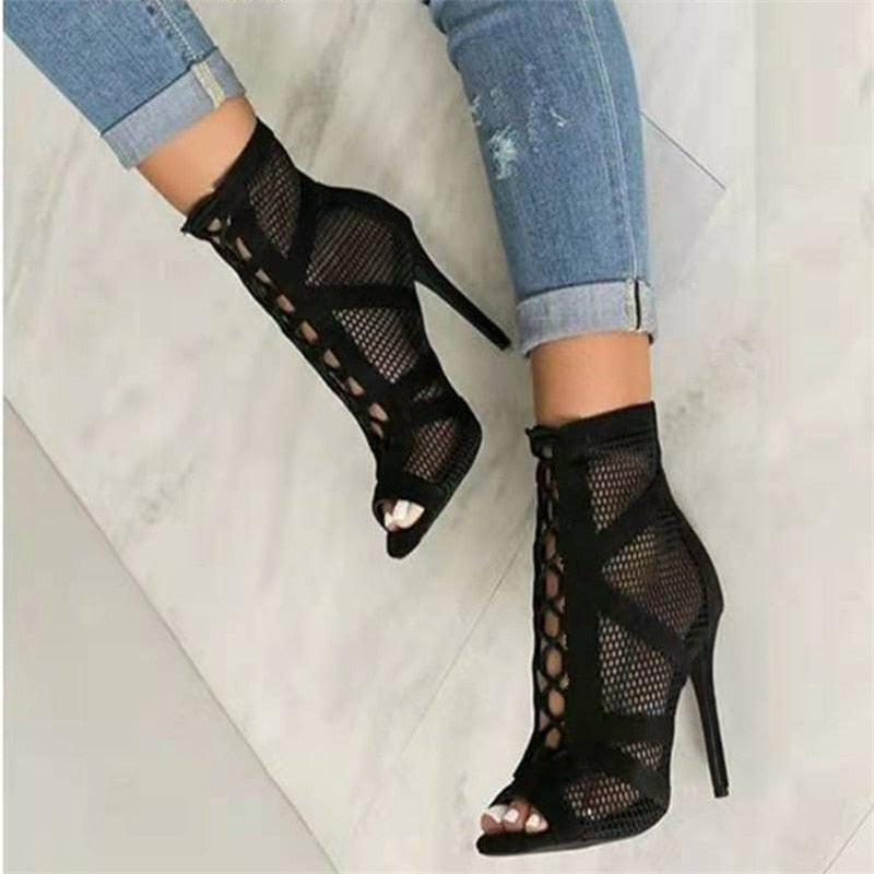 Mesh High Heels Lace Up Pumps Black Net Fabric Cross Strap Shoes-Keep Melbourne Marvellous Official Store