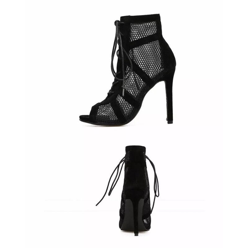 Mesh High Heels Lace Up Pumps Black Net Fabric Cross Strap Shoes-Keep Melbourne Marvellous Official Store