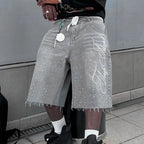 Men's Summer Denim Shorts Letter Embroidered Rhinestone Jorts Fashion Streetwear