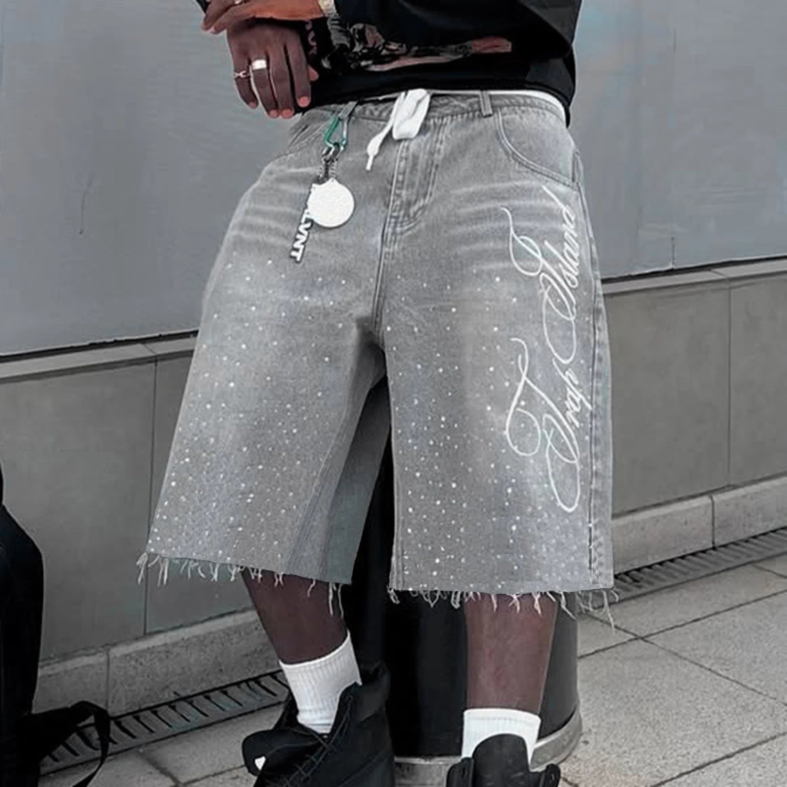 Men's Summer Denim Shorts Letter Embroidered Rhinestone Jorts Fashion Streetwear