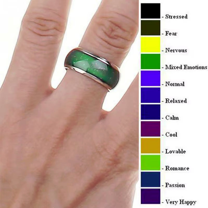 A mood ring and chart listing emotions such as stressed, nervous, normal, relaxed, calm, cool, lovable, romance, passion, and very happy.
