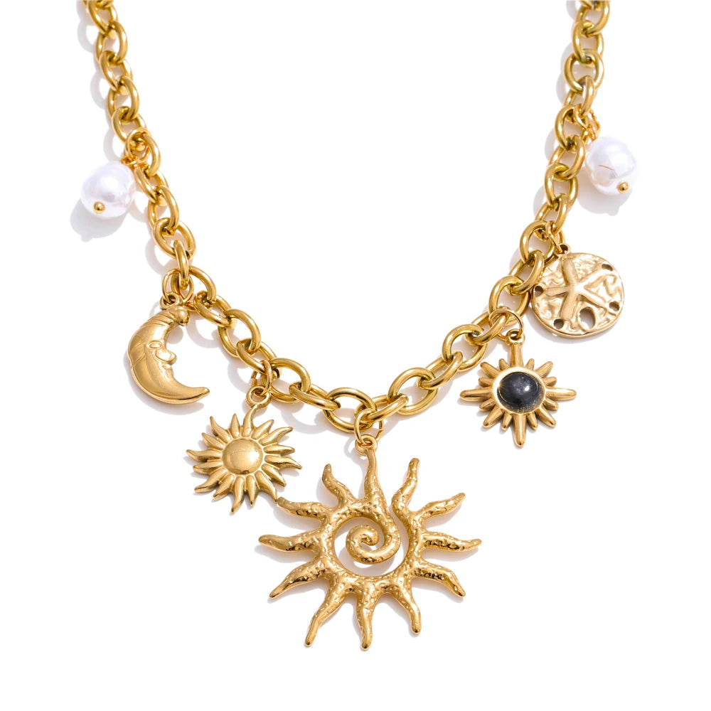 Moon Sun Starfish Pendant Charm Statement Necklace