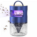 A blue and clear mosquito trap device with a handle on top, shown with illustrated mosquitoes flying toward the purple-lit trapping chamber and clear collection chamber below