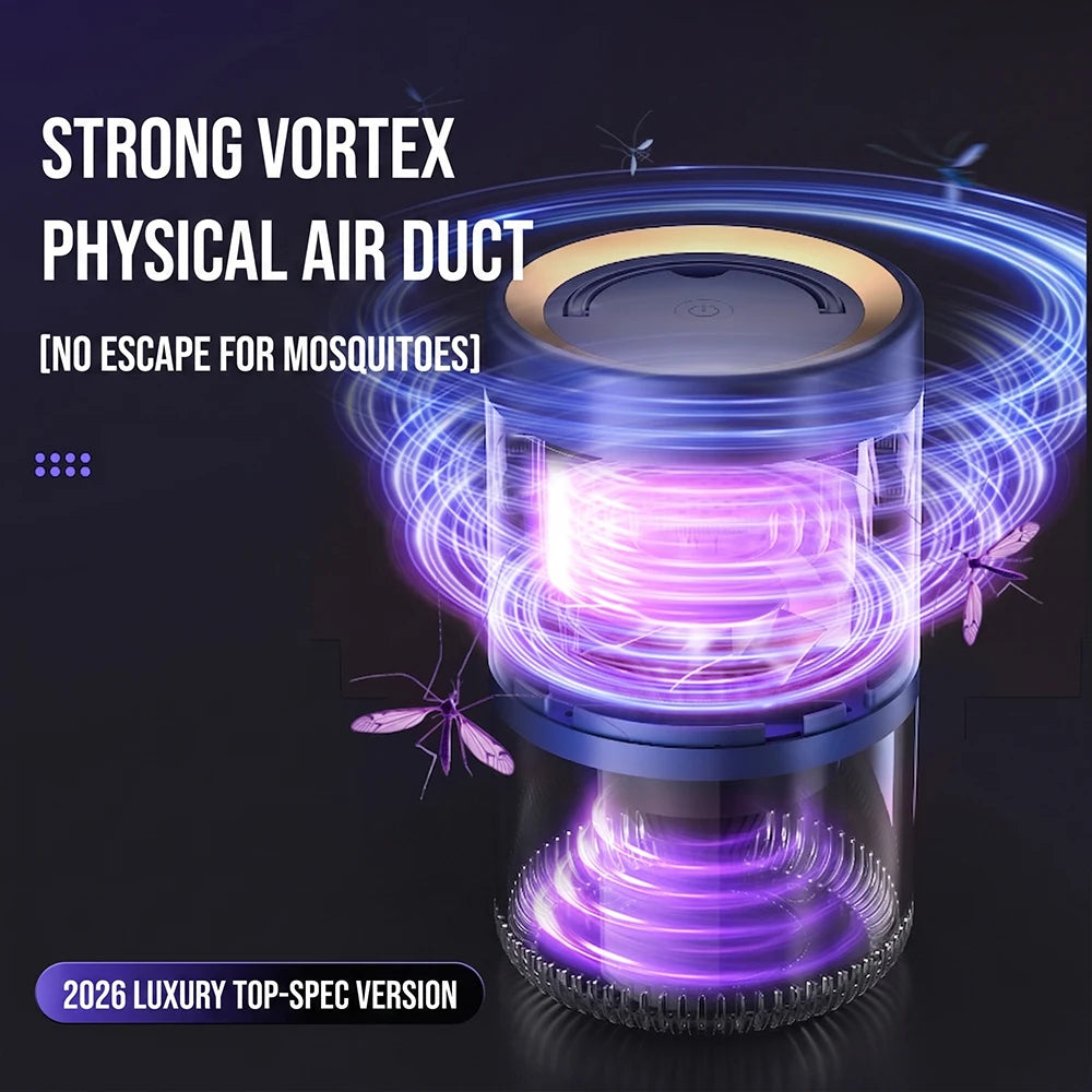 A cylindrical mosquito trap device with glowing purple and blue vortex effects.