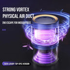 A cylindrical mosquito trap device with glowing purple and blue vortex effects.