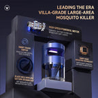 A mosquito killer cylindrical device with glowing purple light elements showing touch switch, high-speed powerful motor, and noise reduction technology.