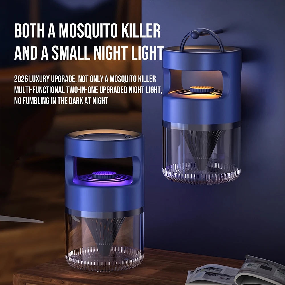 Two blue mosquito killer traps shown in a dark indoor setting.