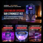 A mosquito trap device, a dark blue cylindrical trap with a transparent lower chamber and a purple glow from internal lights.