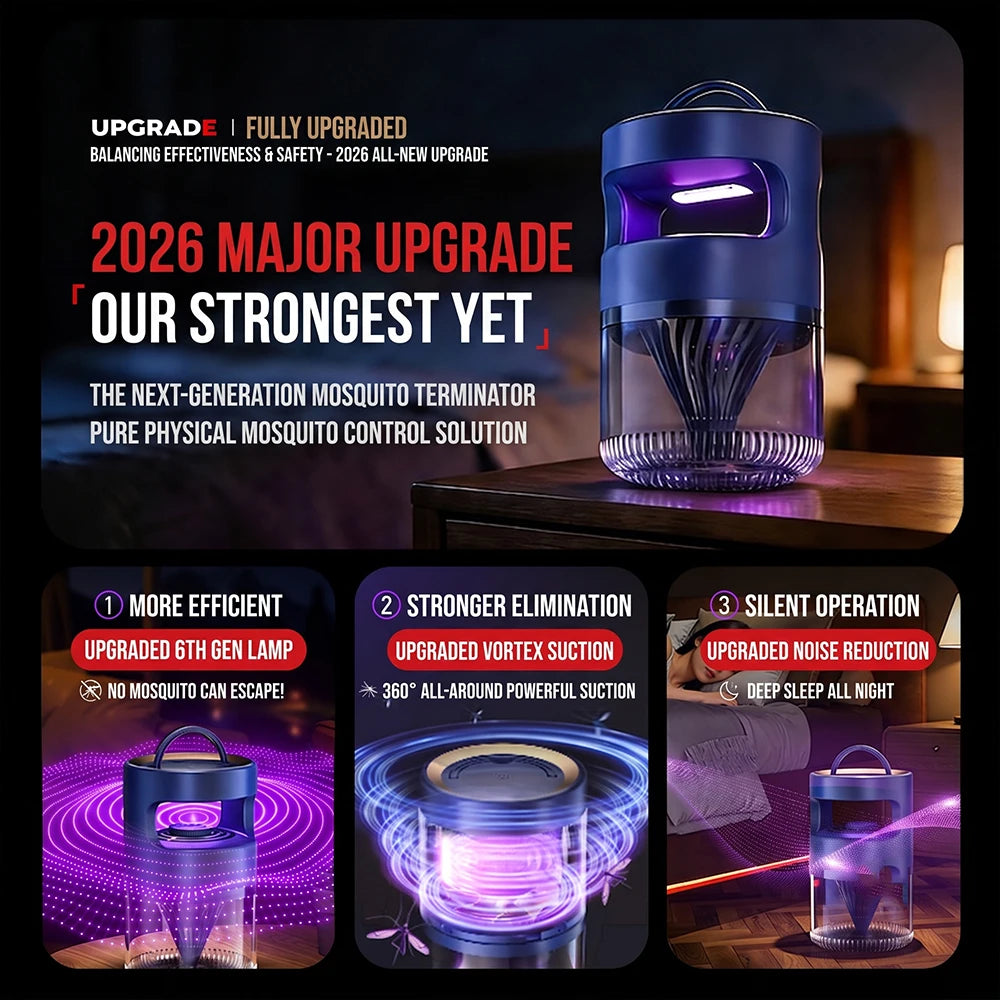 A mosquito trap device, a dark blue cylindrical trap with a transparent lower chamber and a purple glow from internal lights.