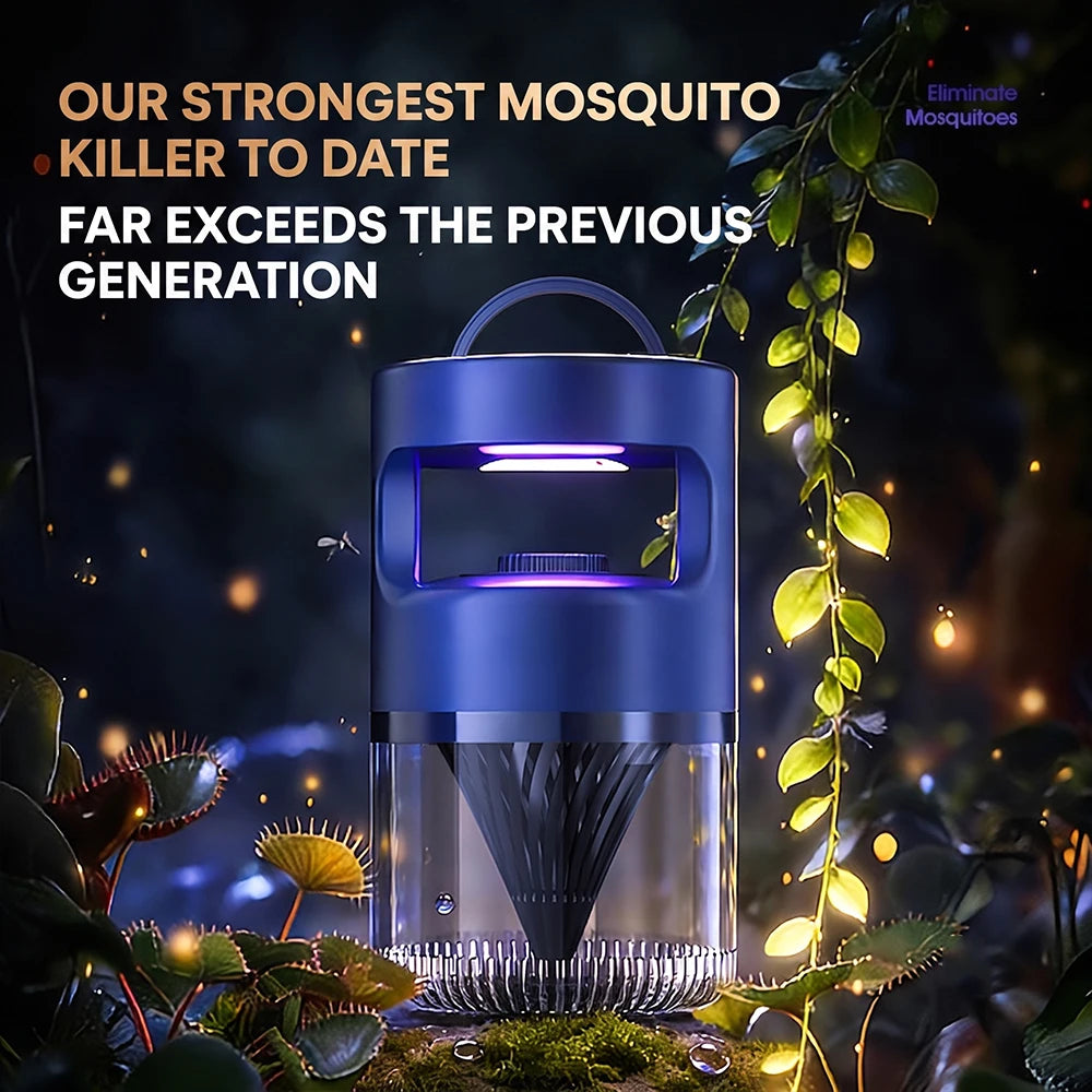 A blue mosquito trap device with a clear lower chamber and glowing purple light.