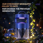 A blue mosquito trap device with a clear lower chamber and glowing purple light.