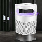 White electronic mosquito trap with purple light on a dark background.
