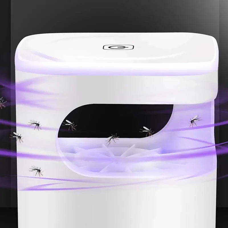 White mosquito home trap device with purple light emitting towards mosquitoes.