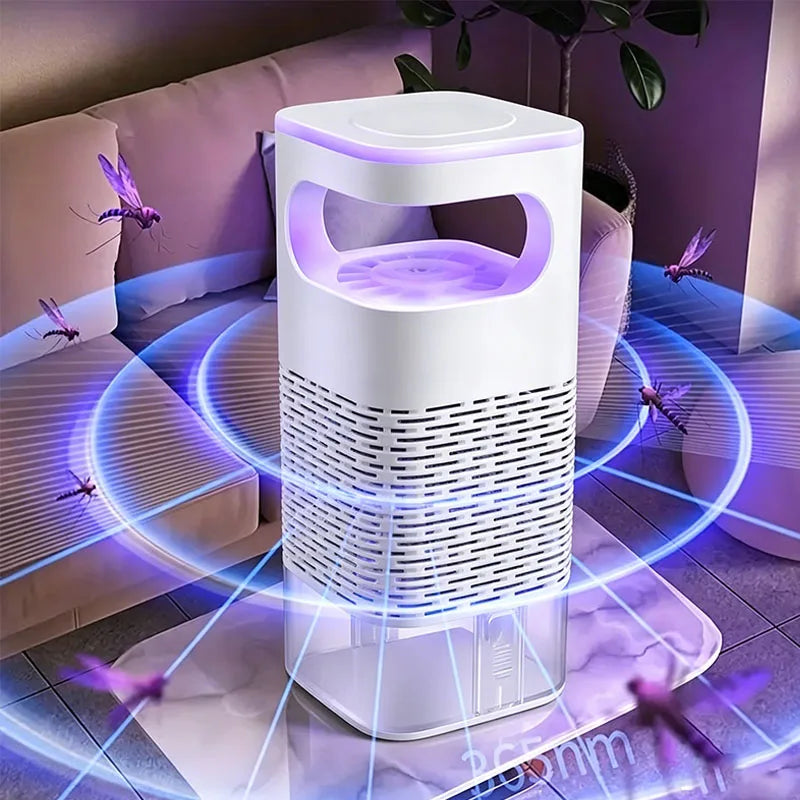White electronic mosquito trap device with purple light emitting from it, surrounded by mosquitoes.