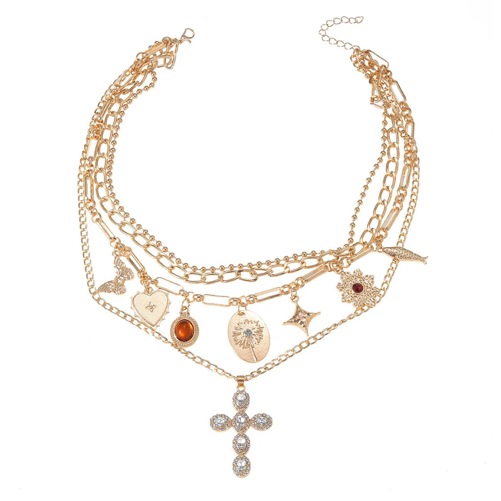 Multilayer Necklace Rhinestone Cross Pendant Collarbone Chain Butterfly Heart Love Alloy