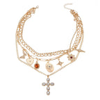 Multilayer Necklace Rhinestone Cross Pendant Collarbone Chain Butterfly Heart Love Alloy