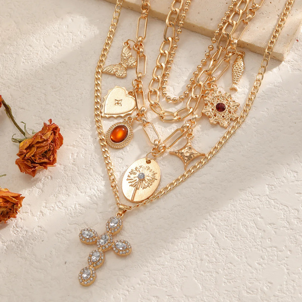 Multilayer Necklace Rhinestone Cross Pendant Collarbone Chain Butterfly Heart Love Alloy