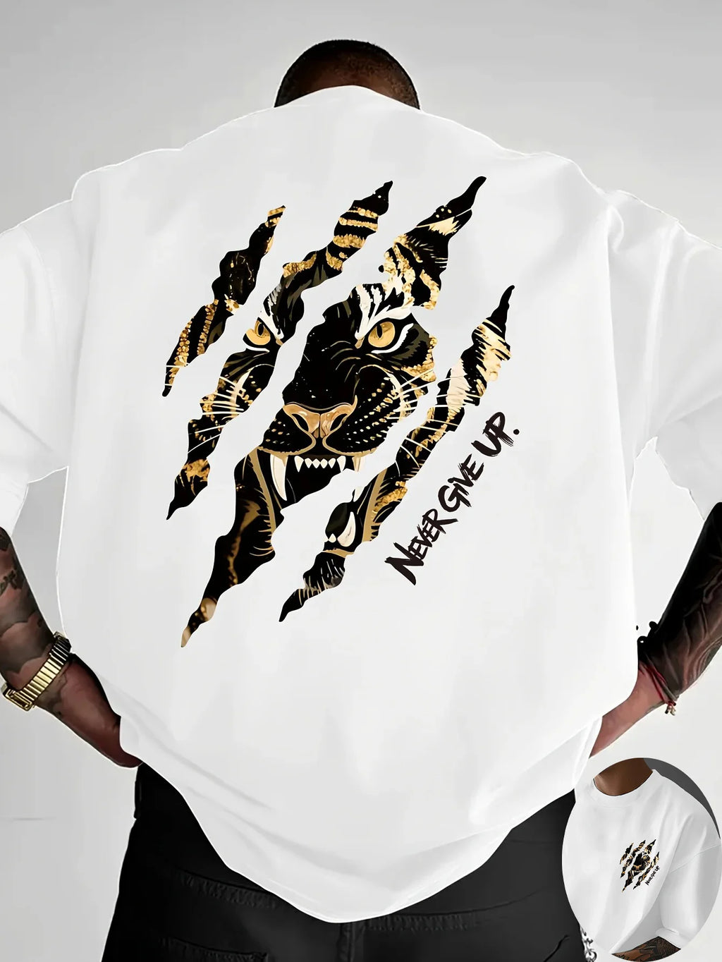 NEVER GIVE UP Motivation Tiger Art Graphic T-shirt