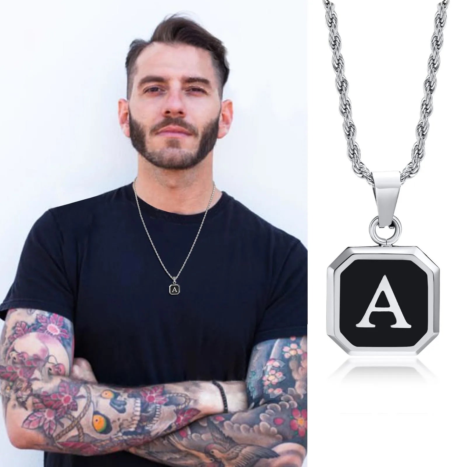 Name Initial Personalised Necklace A-Z Square Stainless Steel Pendant