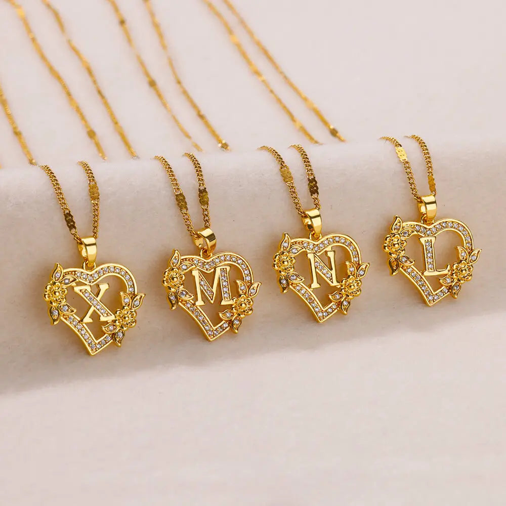 Initials Gold Necklace Zircon Flower Love Heart