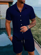 Men Casual Short Sleeve Shirt & Shorts 2pcs Combo Set Summer