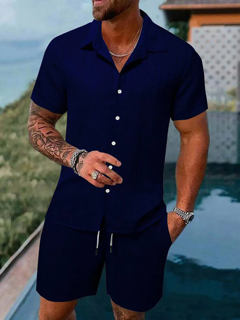 Men Casual Short Sleeve Shirt & Shorts 2pcs Combo Set Summer