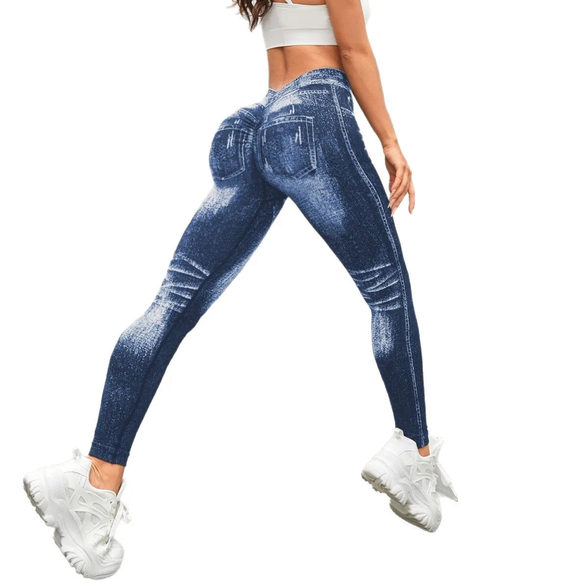 Women's Sport Yoga Leggings Faux Jeans Skinny Tight Seamless Fitness Pants