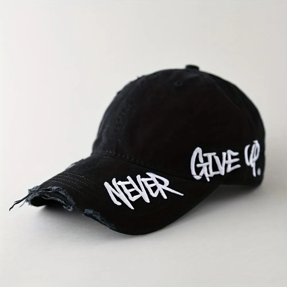Black distressed cap with 'Never Give Up' text on a white background