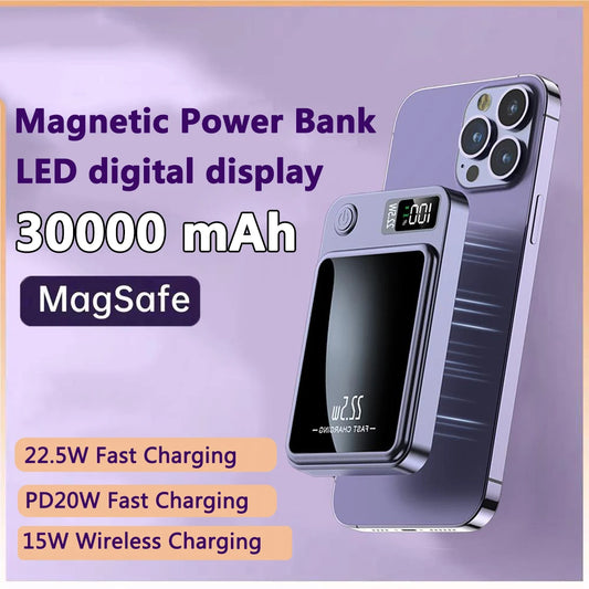 Portable Magnetic Snap-On Power Bank Phone Qi Wireless 30000mAh Fast Charger Type C PowerBank