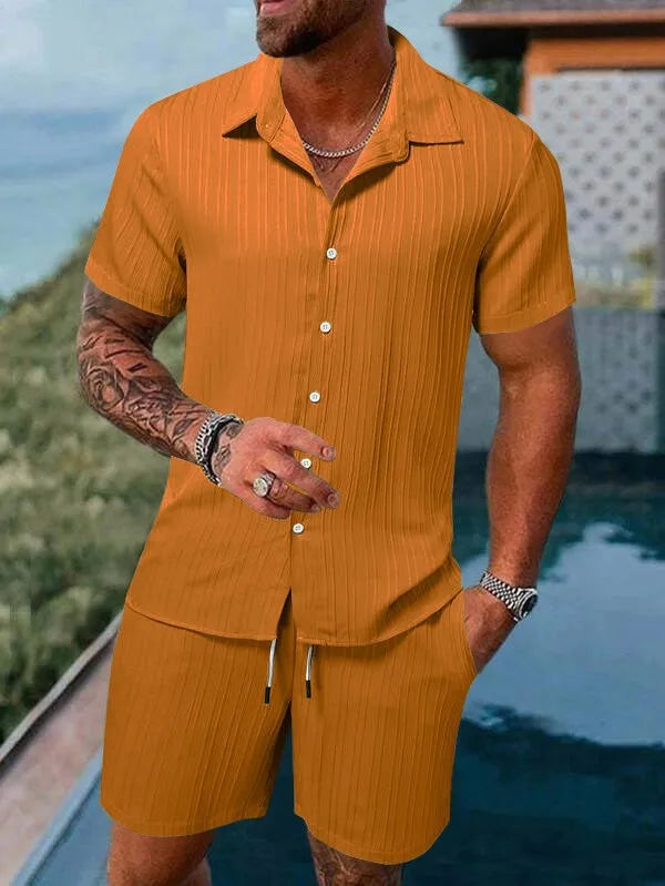 Men Casual Short Sleeve Shirt & Shorts 2pcs Combo Set Summer