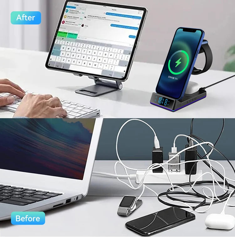 Wireless Charger Phone Stand Watch Earbuds Alarm Clock Night Light 15W Charging Dock iPhone Samsung