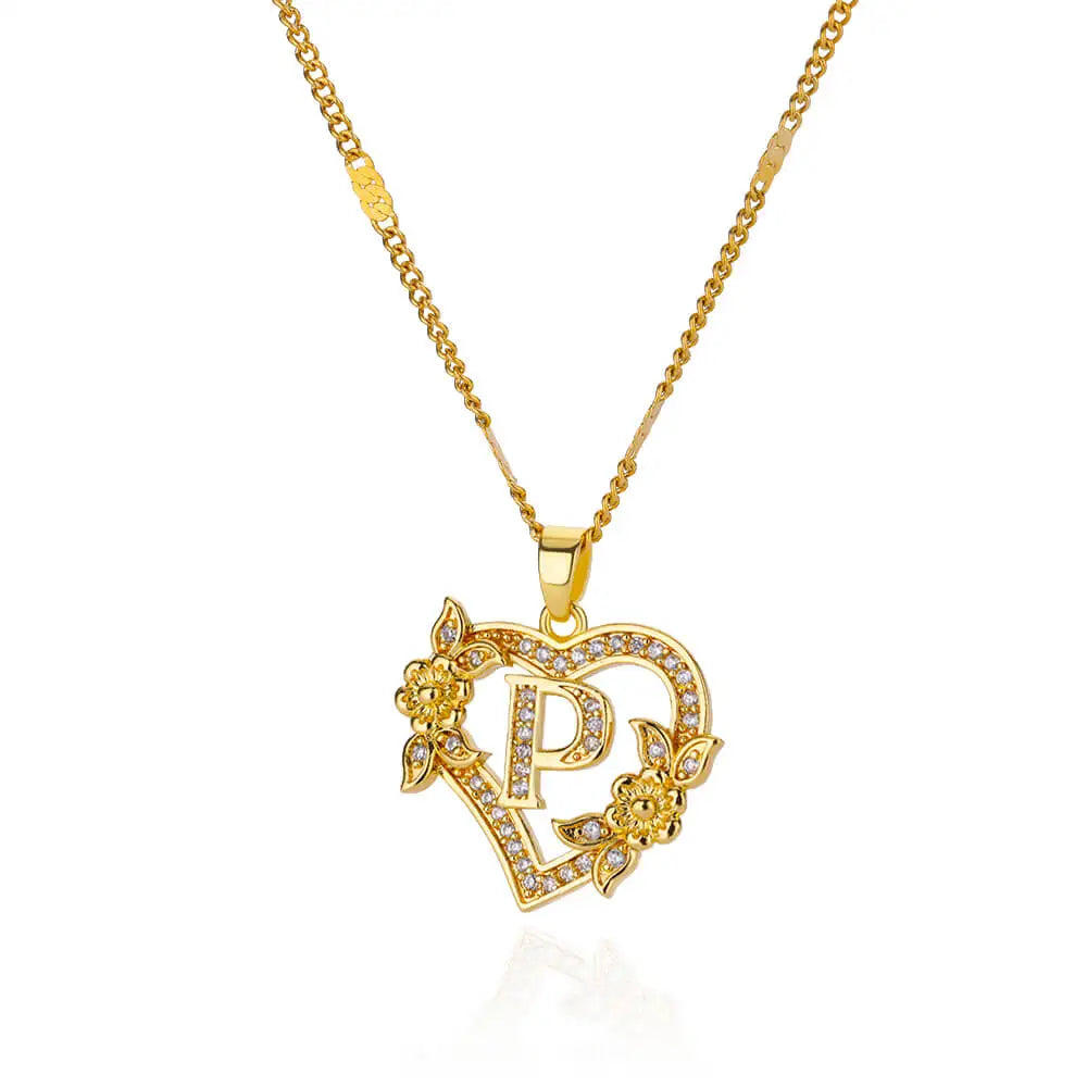 Initials Gold Necklace Zircon Flower Love Heart
