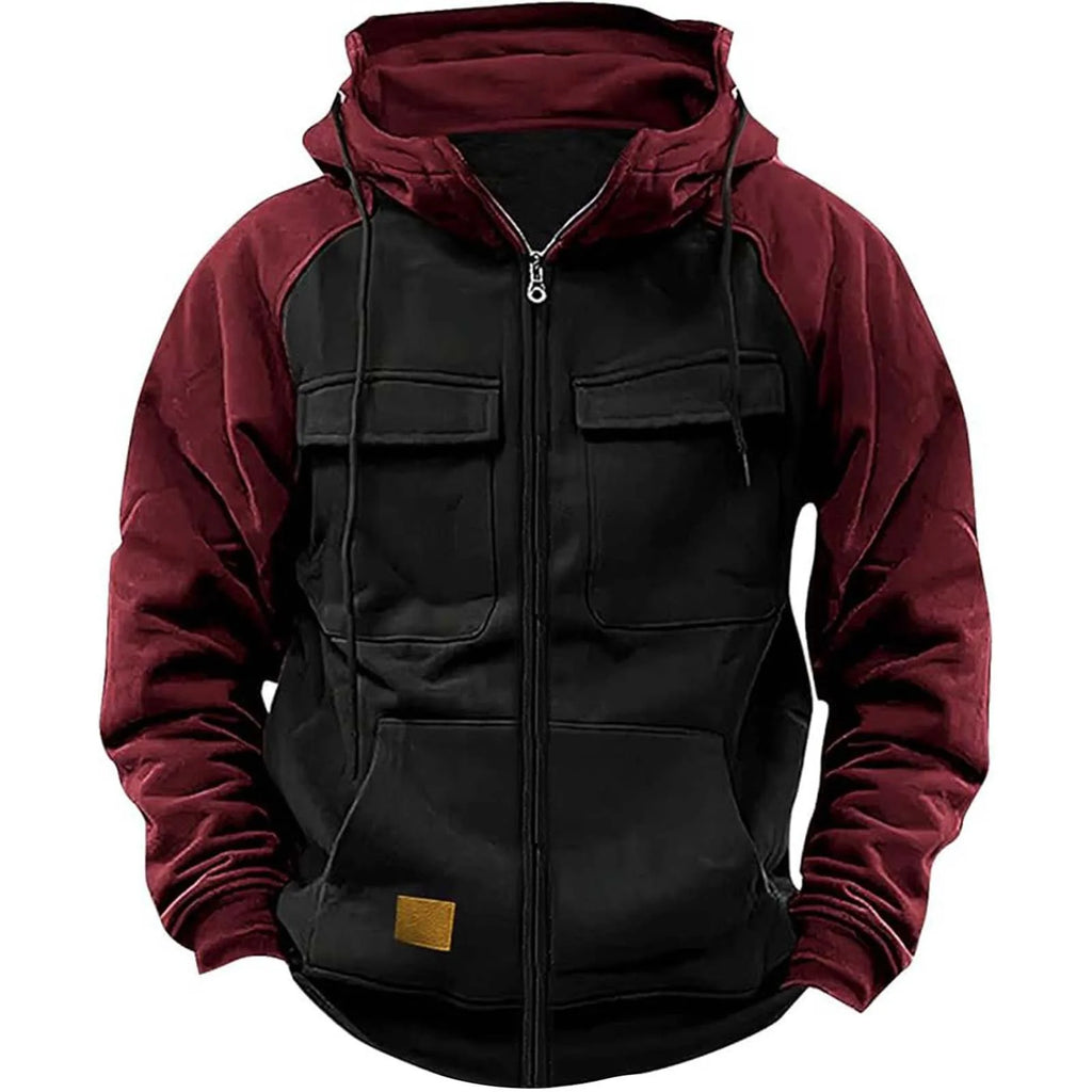Patchwork Hoodie With Zipper Heavyweight Thick Fleece Multi Pockets