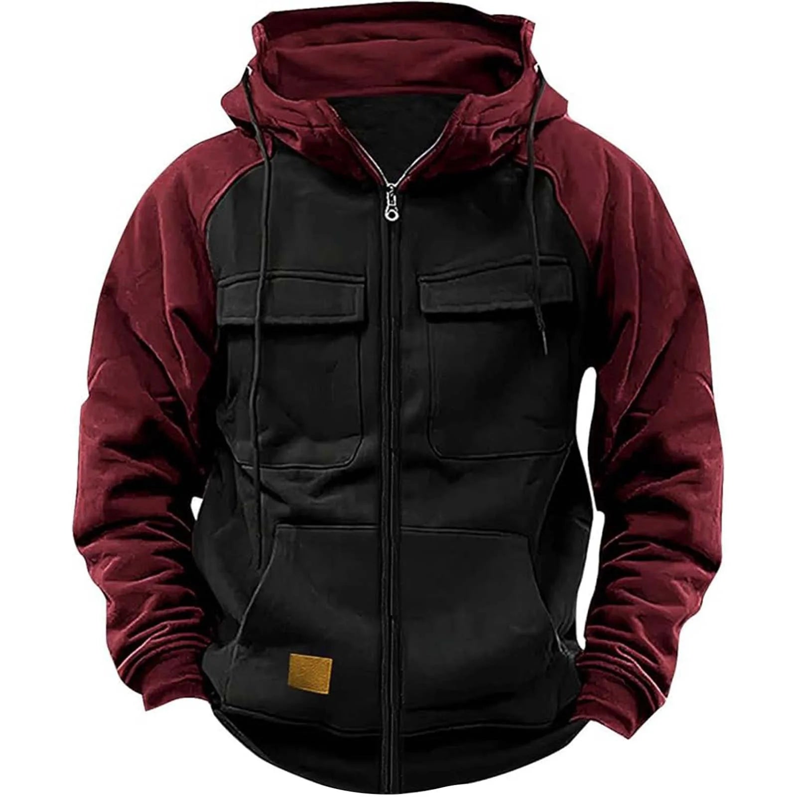 Patchwork Hoodie With Zipper Heavyweight Thick Fleece Multi Pockets
