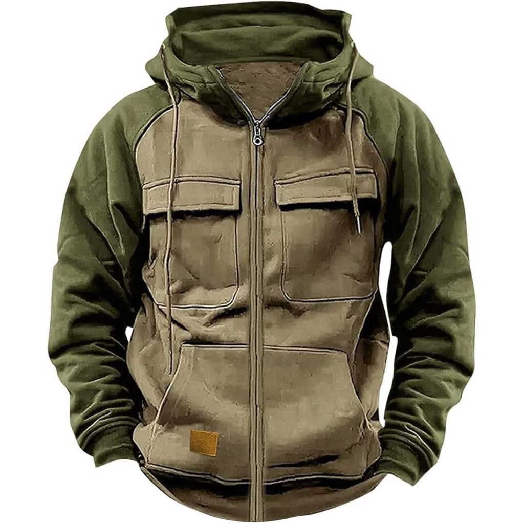 Patchwork Hoodie With Zipper Heavyweight Thick Fleece Multi Pockets