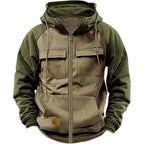 Patchwork Hoodie With Zipper Heavyweight Thick Fleece Multi Pockets